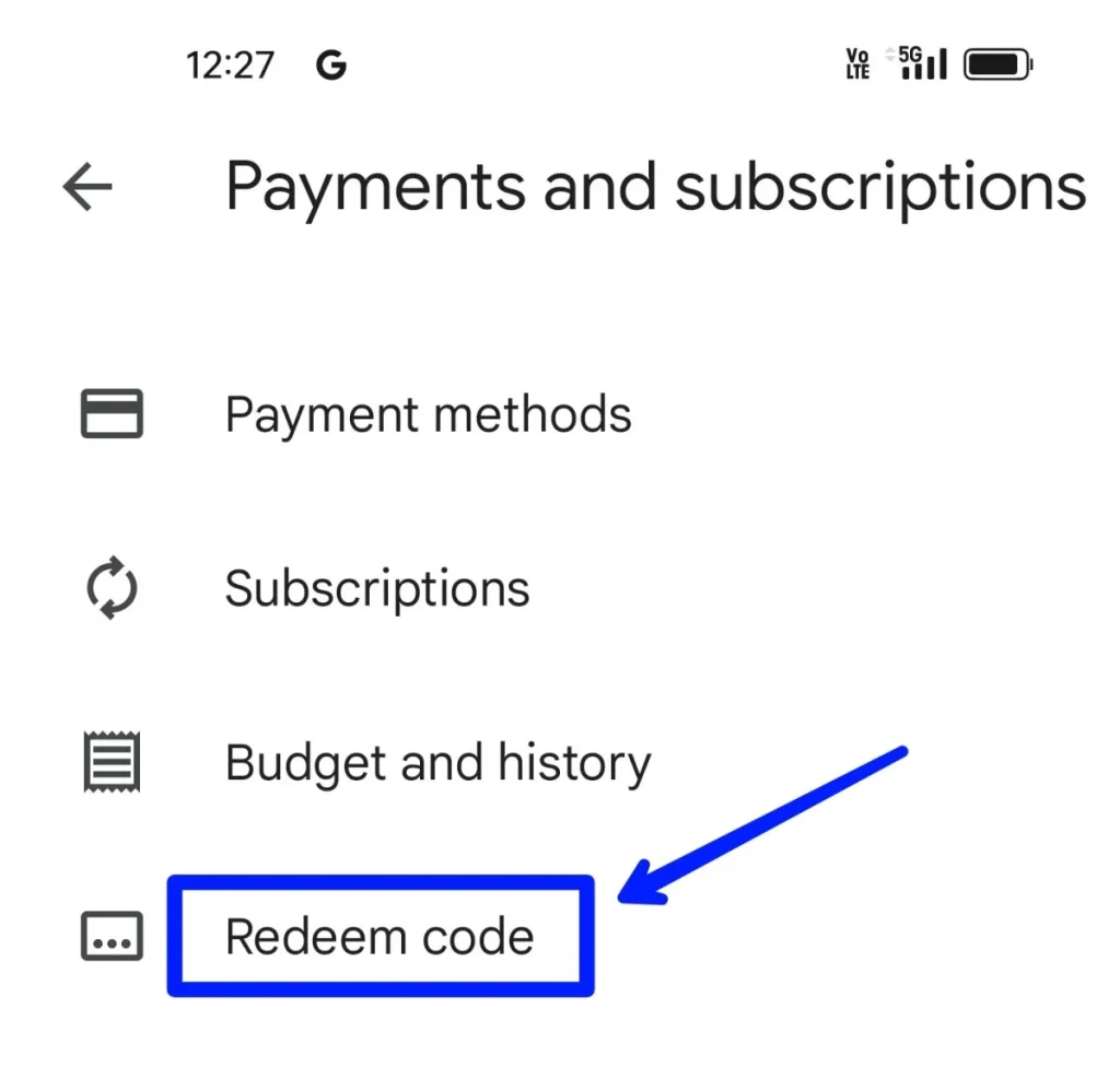 redeem code option